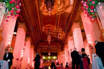 Rose-shaped gobos, pink lighting, and illuminated crystal pillars decorated the grand foyer.