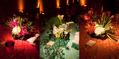 Each table featured the same Casablanca cloth from D.C. Rental, in shades of passion fruit, blue/green, and orange.