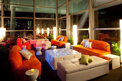The pre-function space also included ground-level seating areas in bright hues and a variety of fabrics.