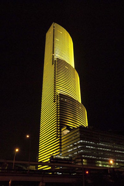 In honor of the New Orleans Saints, who are staying at the InterContinental Miami Hotel in downtown Miami, the city illuminated the Miami Tower in gold Monday through Wednesday nights.