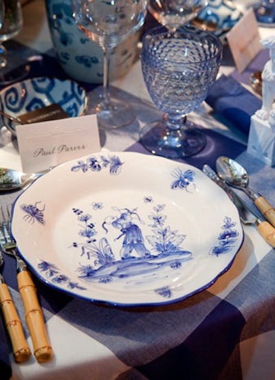 Rod Winterrowd's setting featured an array of blue and white sculptures and bowls, as well as a blue and white checked linen.
