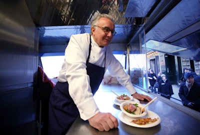 Down on Broadway at 13th Street, NBC placed the truck for chef Alain Ducasse of Benoit. On the menu were tarte flambée, choucroute garnie (sauerkraut, sausages, pork, and potatoes), and meringue.