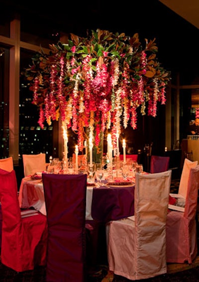 James Rixner fashioned a lush pink and purple tree out of long strands of orchids, similar to leis.
