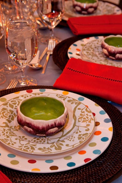 At Stephen Elrod and Rob Stanford's table for Lee Jofa, colorful dishes in contrasting patterns added to the garden setting.