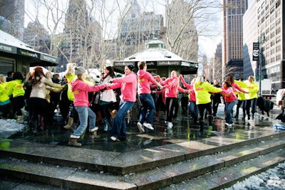 As an extension of its 'Live for Glamour' campaign, Glamour heralded the start of Fashion Week with a flash mob dance routine to a remix of Lady Gaga's 'Just Dance' and Journey's 'Don't Stop Believin'.' Performed and choreographed by Broadway Dance, the stunt hit Bryant Park just before 9 a.m. on Thursday, and later moved to the Condé Nast cafeteria and Bloomingdale's.