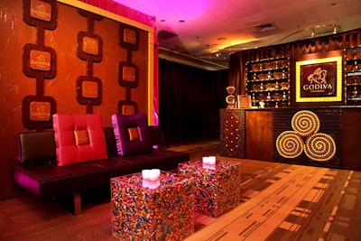 Godiva worked with Larry Abel Designs to create a branded lounge for In Style and Warner Brothers' Golden Globes viewing party. Elements included walls, bars, and a clock made of chocolate, as well as chocolate cocktails with Godiva liqueur.