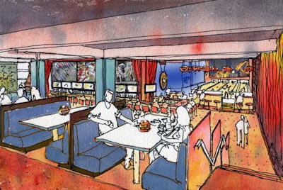 Overlooking the main bar will be a restaurant with tiered seating. The main bar will be outfitted with a wood-burning pizza oven.