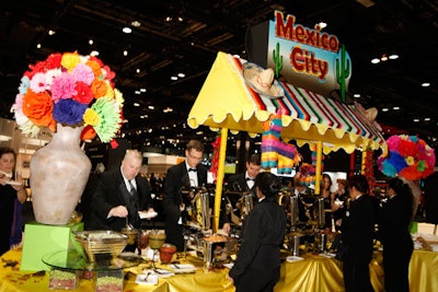 Ronsley provided thematic decor for the international tasting stations; the Mexico City buffet got colorful pinatas and paper flowers.
