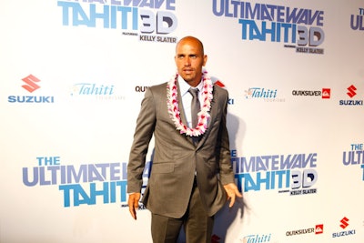 Star Kelly Slater posed on the carpet for the premiere of The Ultimate Wave Tahiti.