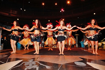 Tahitian dancers performed at the premiere of The Ultimate Wave Tahiti at the California Science Center.