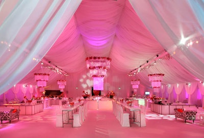For the Valentine's Day premiere party in Los Angeles in February, Chad Hudson Events used several chandeliers, a carpeted subfloor, and 5,000 yards of voile chiffon fabric on the walls and ceilings.