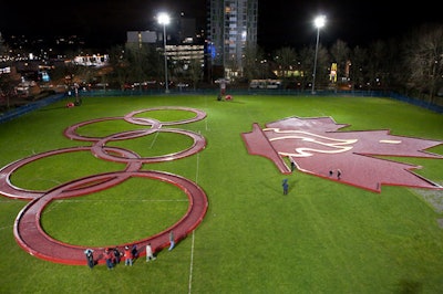 Canadian cranberry growers—with help from Ocean Spray—installed a massive display of the Canadian Olympic logo, filled with more than 13 million cranberries and covering 46,000 square feet of Richmond's Brighouse Park.