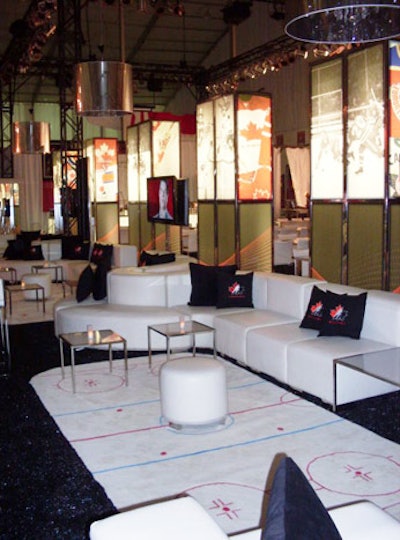 Luxe Rentals created custom carpets designed to look like an ice rink for the Hockey Canada lounge at Molson Canadian Hockey House.