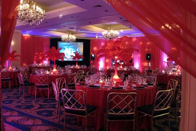 The dinner had a Moulin Rouge theme, complete with feathers, lots of red fabric, and red lighting. A classic French film played silently in the background.