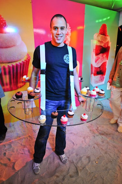 Pennsylvania-based Sweet Street Desserts' waiters served cupcakes from a body-wrapping tray at BubbleQ, which took place Friday night in a tent on the beach behind the Delano.