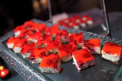 Design Cuisine's dessert buffet included squares of cherry marble cheesecake with chocolate-almond crust.