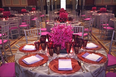 The party's pink and purple color scheme extended upstairs to the dinner for 105 guests.