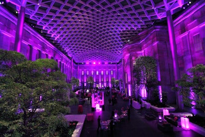A Vista lit the Kogod Courtyard in pink and purple.