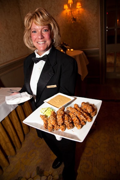 Passed appetizers by the Four Seasons included sesame chicken and dipping sauce.