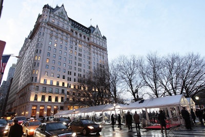 To allow for traffic flow and keep fans in designated areas, planners erected the arrivals tent in the small park between the Plaza Hotel and the Paris Theatre.