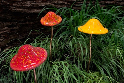 Colorful glass mushrooms spring out of the grass in the Alice in Wonderland garden.