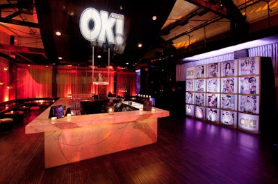 For OK magazine's pre-Oscar event at Beso on Friday, overseen by director of events and partnerships Lisa Campione, Precision Event Group created a custom 12-foot-tall illuminated wall with 18 OK covers from around the globe.