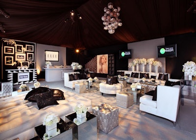 Caravents produced Elle's greenroom in a palette of black and white, plus reflective surfaces.