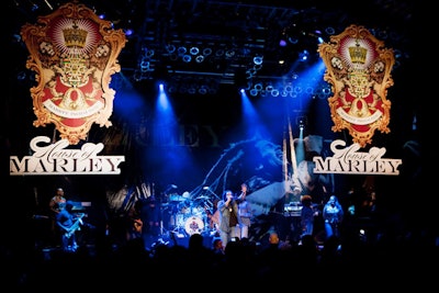Onstage signage included photos of Bob Marley and oversize House of Marley logos.
