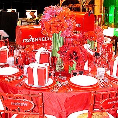 Online gift company Red Envelope's Valentine's Day-inspired table included heart-shaped pillows on the seats and red mailboxes and heart-shaped picture frames on the tables.