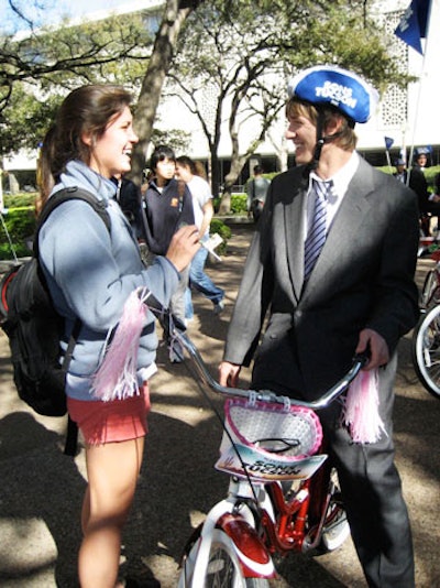 In places like the University of Texas in Austin, the cyclists stopped to interact with consumers and shell out lollipops and other branded goodies.