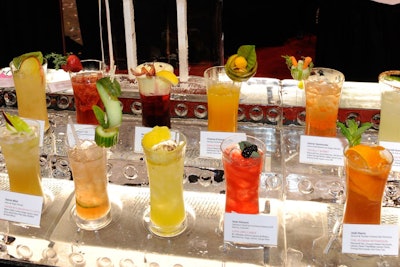 An ice bar displayed cocktails.