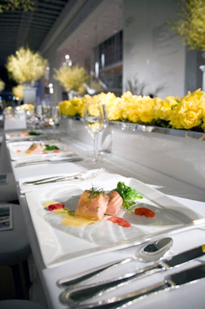 For the first course, Blue Plate served citrus-poached salmon roulade with Meyer lemon curd, organic watercress, blood orange, and European cucumber aspic.