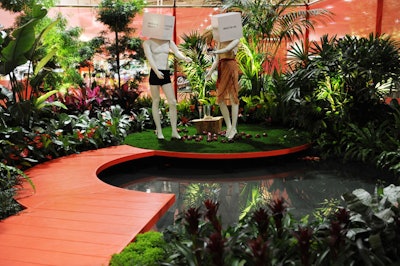 The mannequins in the first feature garden at the show's entrance, Forbidden Floral, wore clothes by Peterborough clothing store Bannerman's, which put on a fashion show later in the evening.