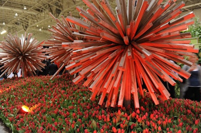 Floral displays, like this one of red tulips and oversize ornaments, divided the 23 feature gardens, which spread over 6,000 acres.