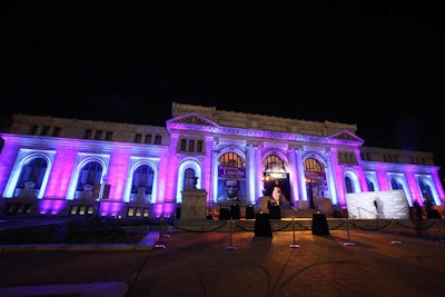 Colored lights lit up the front entrance of the Historical Society of Washington, D.C., across the street from the Washington Convention Center, where the Radio and Television Correspondents' Association dinner was held.