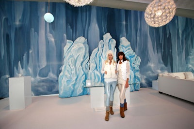 During the cocktail portion, the 'Polar Zone' included a glacial-looking ice sculpture, white lounge furniture, and an icy painted backdrop.