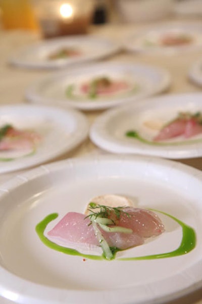 Birch & Barley served raw Spanish mackerel slices with spiced yogurt and cucumber and mustard seed sauce.