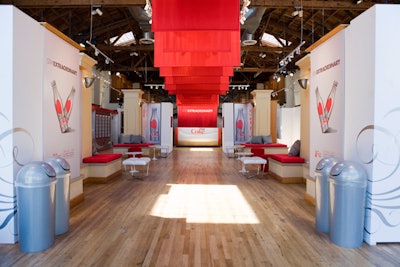 Red banners hung above hardwood flooring.