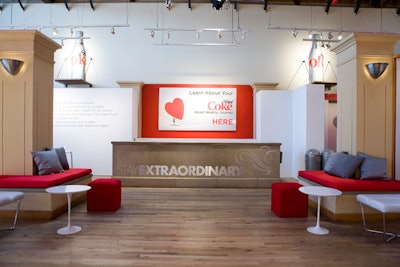 A red, silver, and white palette brightened seating areas.