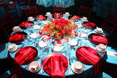Turquoise table cloths accented with red satin napkins and red chargers decorated the sponsor tables.