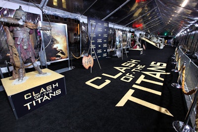 A logo-inset carpet and movie props decorated the arrivals area for the Clash of the Titans premiere at Grauman's Chinese Theatre.