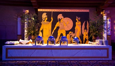 A mural of mythical warriors and goddesses formed the backdrop for the main buffet in the ballroom, which was covered with faux white marble panels.