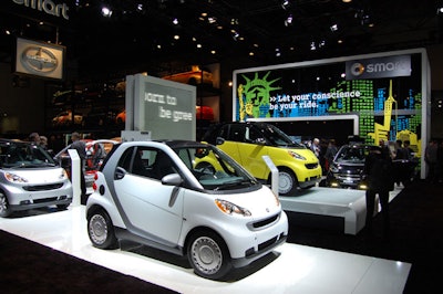 Smart car marketed to locals by designing a mock cityscape for its tiny cars.