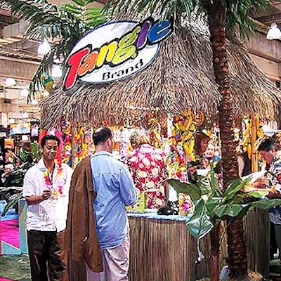 The Tangle toys booth at the American International Toy Fair at the Javits Center featured a thatched hut roof for a warm, tropical vacation feel.