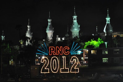 'RNC 2012' was the final image of the fireworks show seen on the river barge.