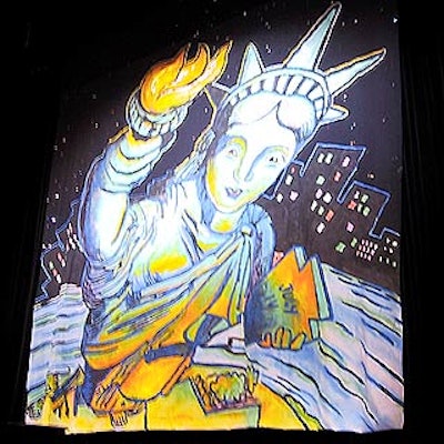 Izquierdo created this Statue of Liberty backdrop for the stage.