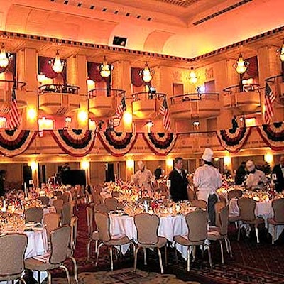 The balconies of the Waldorf=Astoria's grand ballroom was decorated with red, white and blue bunting.