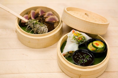 Seared ahi tuna and soba noodle salad with wasabi-miso crème fraîche, marinated cucumbers, and a vegetable summer roll with soy dipping sauce in a steamer basket from Someone's in the Kitchen in Tarzana, California