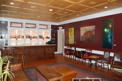 The second-floor Study has leaded glass windows, a white marble-topped bar, and holds 55 for receptions.