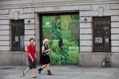 New Balance covered the venue's front door in grassy advertisements for the brand.